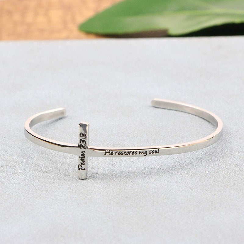 MEMGIFT Cross Bracelet Religious Cuff Bangle Bible Verse Christian Gifts Jewelry for Women (Her restores my soul -Psalm 23:3) - Image 4